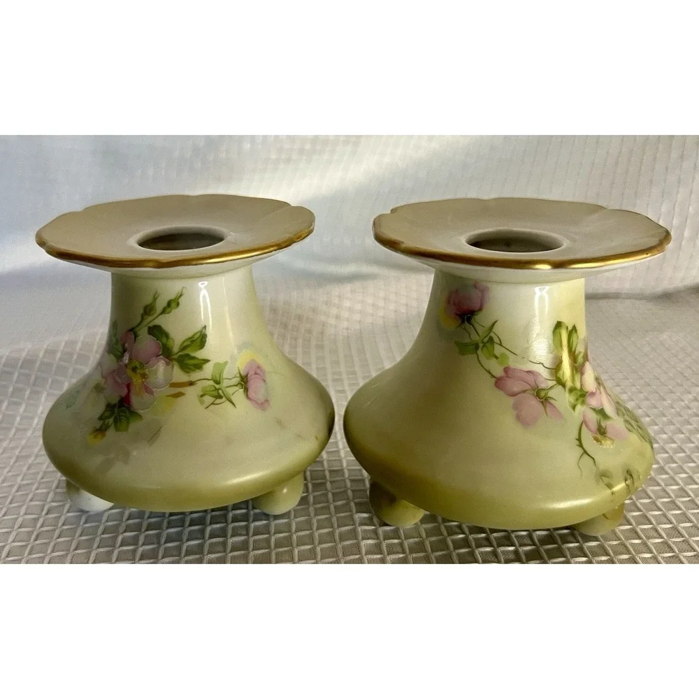 Vtg Nippon Hand Painted Porcelain Floral Candlesticks Pair Light Green Pink Gold